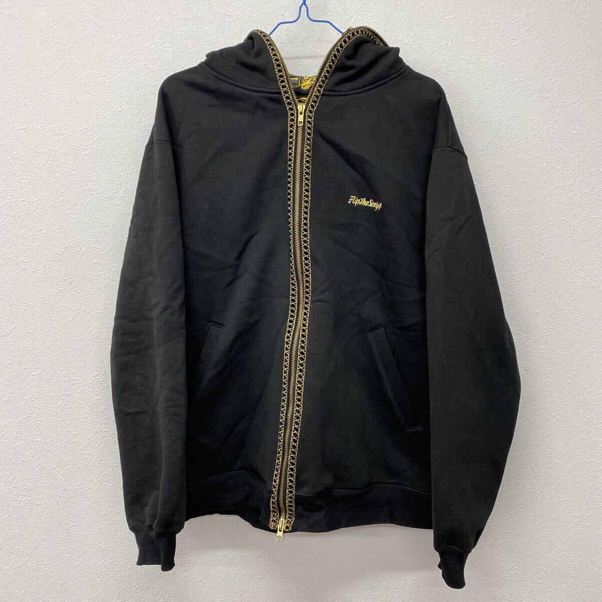 FLip The Script ジップアップパーカー フーディー 鎖柄 オールジップ ブラック 裏起毛 つ8拍卖