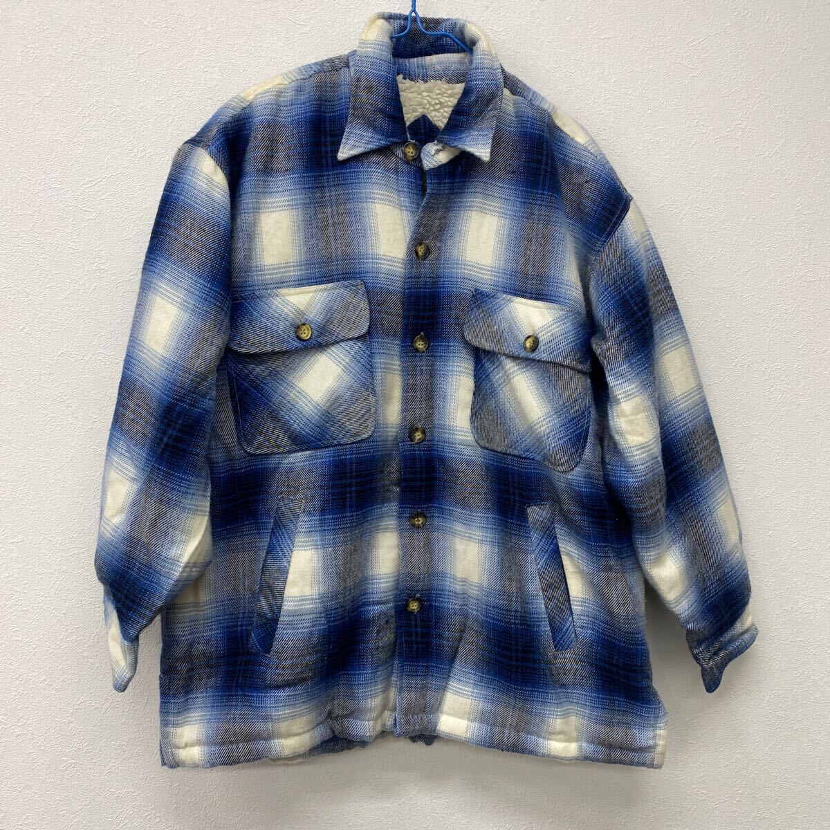 COLLINS チェック柄 ブルー系 長袖 ボアジャケットM〜L 防寒古着 に1拍卖