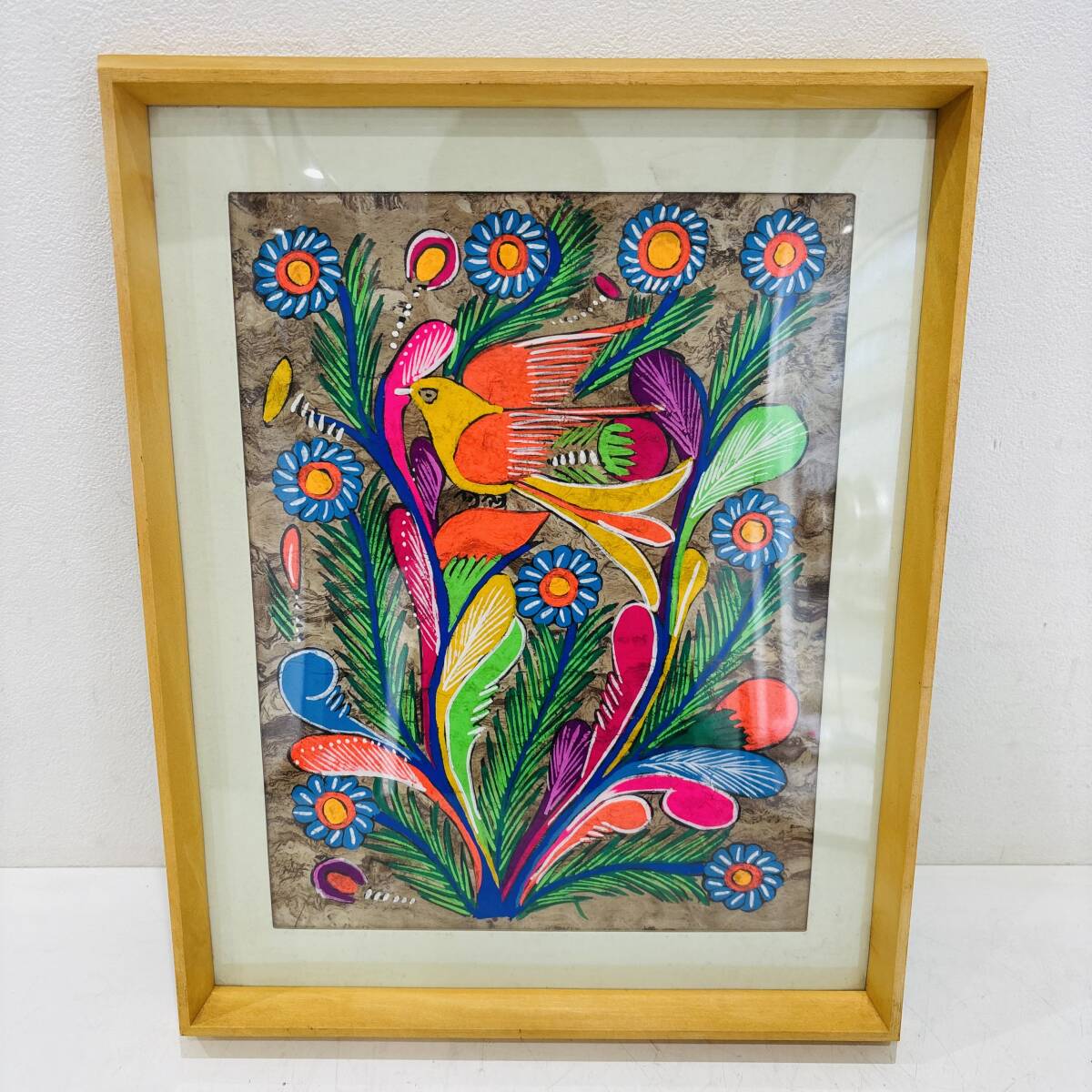 メキシコ 民芸 絵画 アマテ絵 額装 アート 手書き 絵画 鳥 カラフル アート コレクション ディスプレイ インテリア D099M拍卖