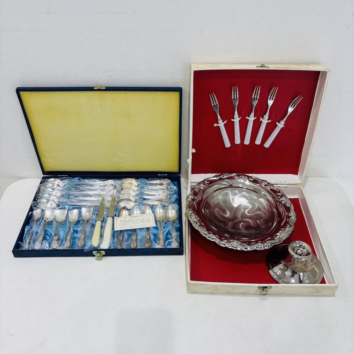 未使用 2点 まとめ カトラリー 銀メッキ スプーン フォーク ナイフ コンポ―ト皿 菓子皿 食器 長期保管品 箱付き D104M拍卖