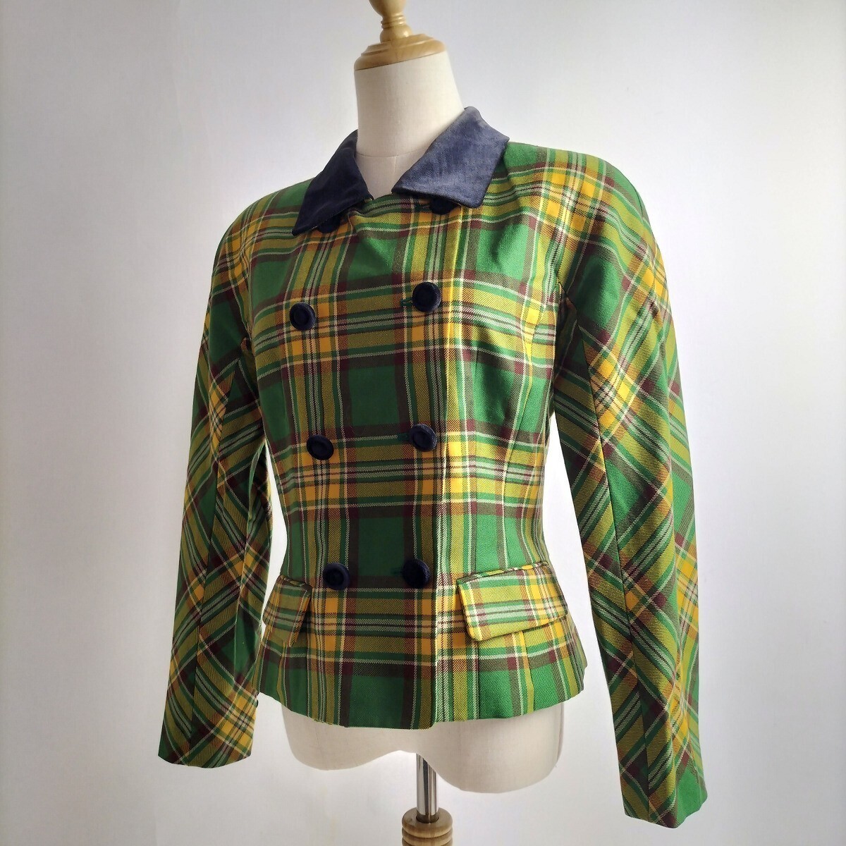 エルスポーツ ELLE SPORTS タータンチェック柄ダブルブレストテーラードジャケット 長袖 38 グリーン レトロ オールド l1002-11拍卖