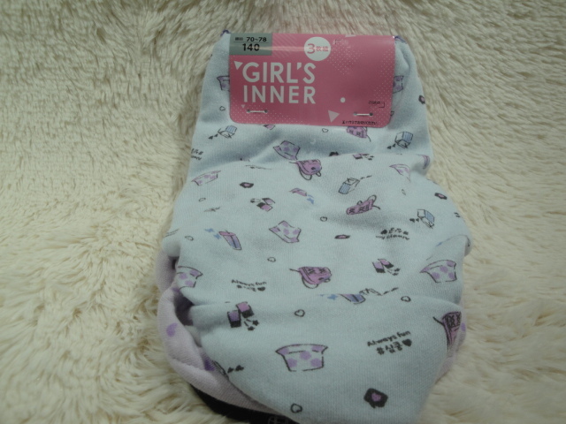 S新品140-715 3枚組 ジュニアショーツ 薄ブルー総柄 + 薄紫ハート総柄 + 黒総柄拍卖