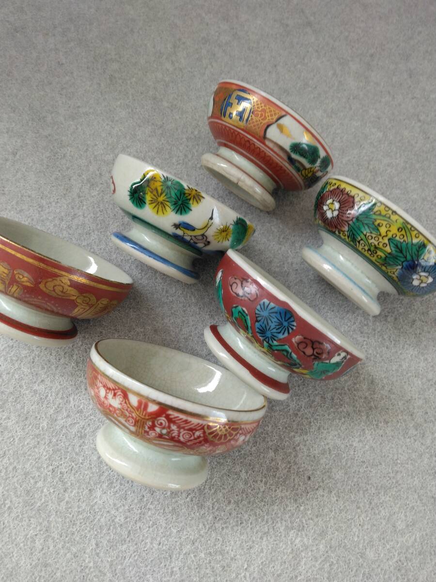 酒道具 九谷焼 お猪口 九谷焼 庄三木米永楽八郎福・・赤絵金彩色絵 6点ぐみ拍卖