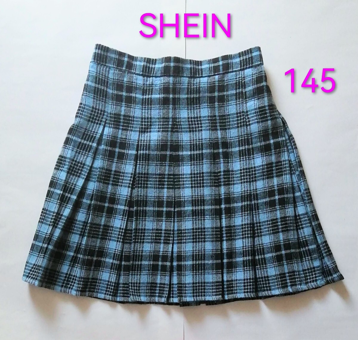 「SHEIN ブルーグレー チェック柄 ボックスプリーツスカート サイズ11-12Y 145㎝ 」くすみ水色 シーイン拍卖