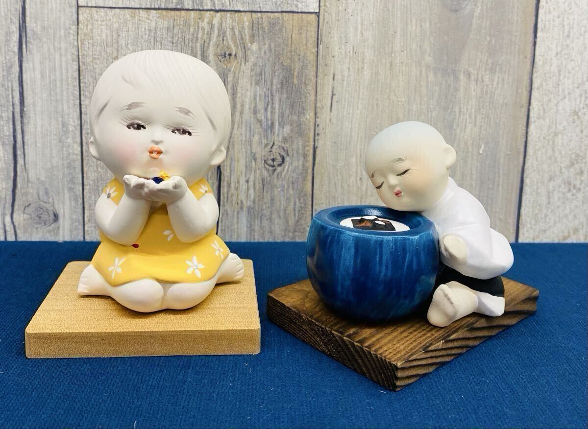 〈N8744〉 縁起物 置物 陶器 インテリア 女の子 一休さん 餅焼 博多人形拍卖