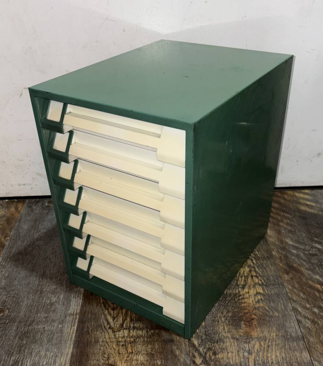 【No.1297】PLUS スチール レターケース 7段 グリーン 引出 インダストリアル 書類・小物入れ 昭和レトロ 中古品 現状品拍卖