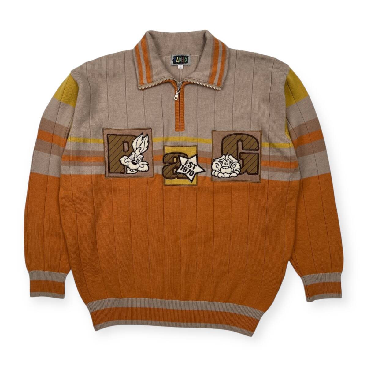 PAGELO パジェロ キャラ刺繍 ハーフジップ ウールニットセーター サイズ L /メンズ/オレンジ/アンジェロ拍卖