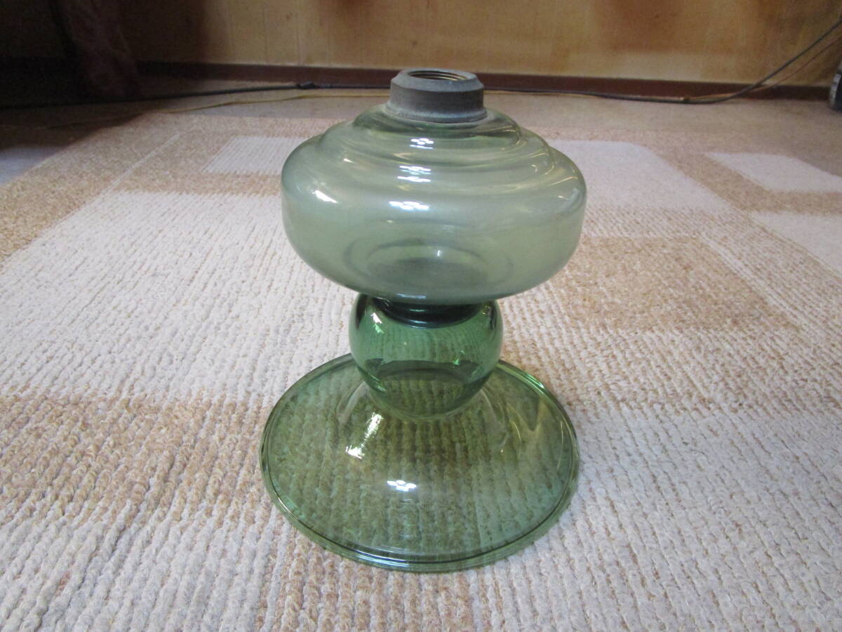 ビンテージレトロアンティーク 和ガラス 吹きガラス ランプ台 油壺 無傷 薄緑 ラムネ色 油壺直径約11.7cm底直径約15.7cm全高約17cm拍卖