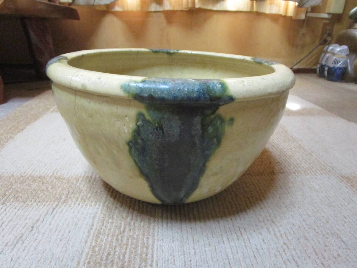 美濃 織部 茶道具 茶器 鉢 大鉢 手水鉢 入有 ひび有 直径約34.8cm高さ約19.7cm 追加画像有 ヤマト着払い発送拍卖