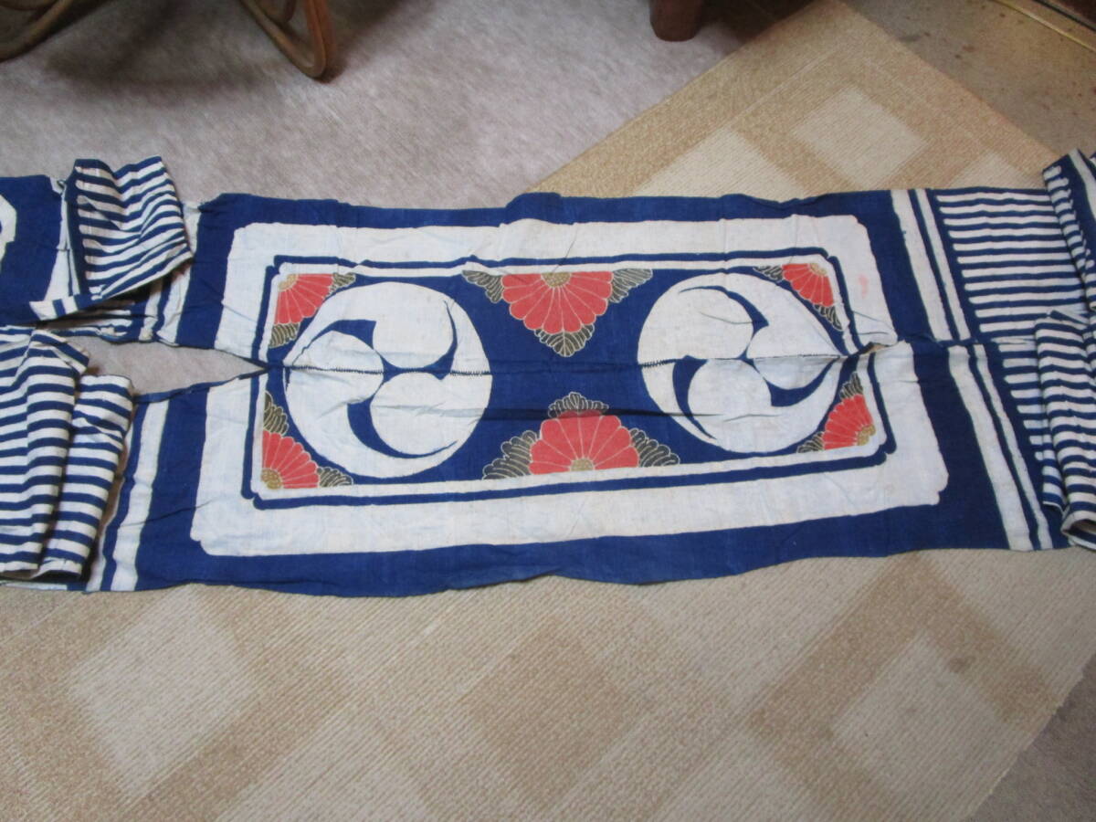 古裂 古布 古生地 木綿 家紋 巴紋 縞模様 馬衣装 装束 馬掛け 腹掛け 全長約5m90cm 帯部1本に切れている部分有拍卖