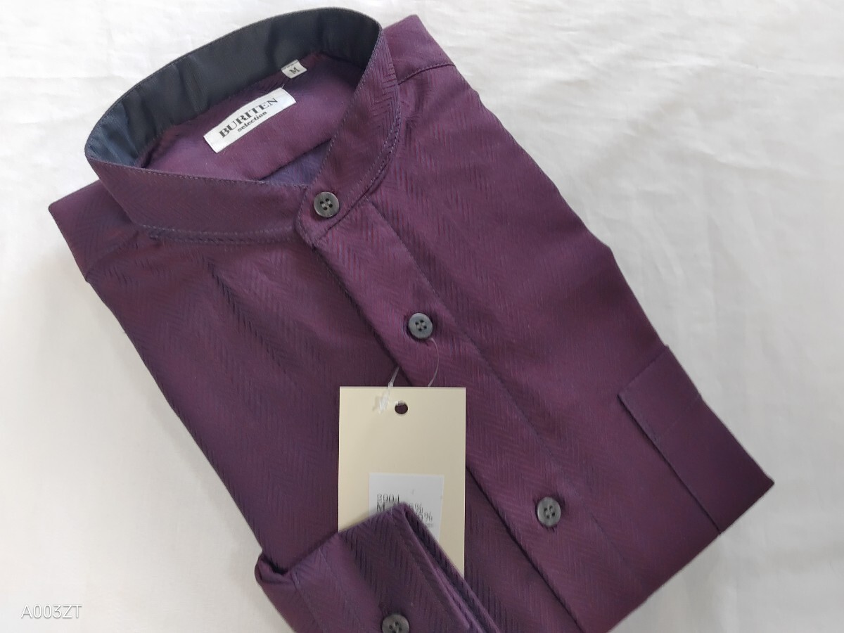 L寸・秋物新品/日本製・ヘリンボーン柄スタンドカラーシャツ■ワイン拍卖