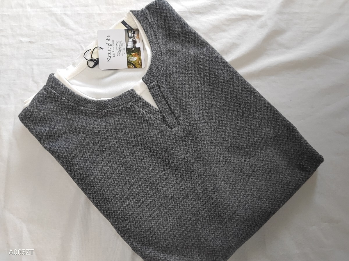 L寸・秋冬新品/ミックス調レイヤードTシャツ■チャコール拍卖