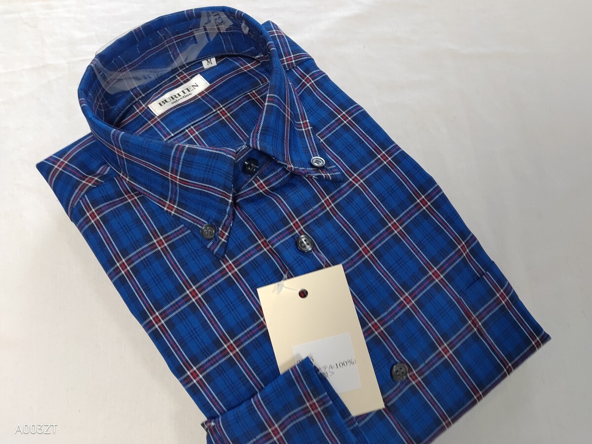 M寸・秋物新品/日本製・チェックBDシャツ●ブルー拍卖