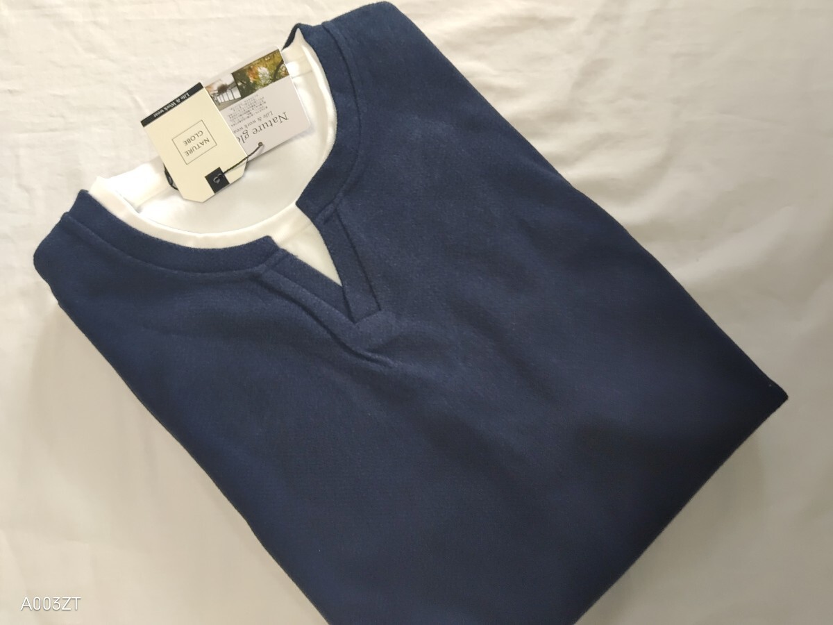 M寸・秋冬新品/ミックス調レイヤードTシャツ■ネイビー拍卖