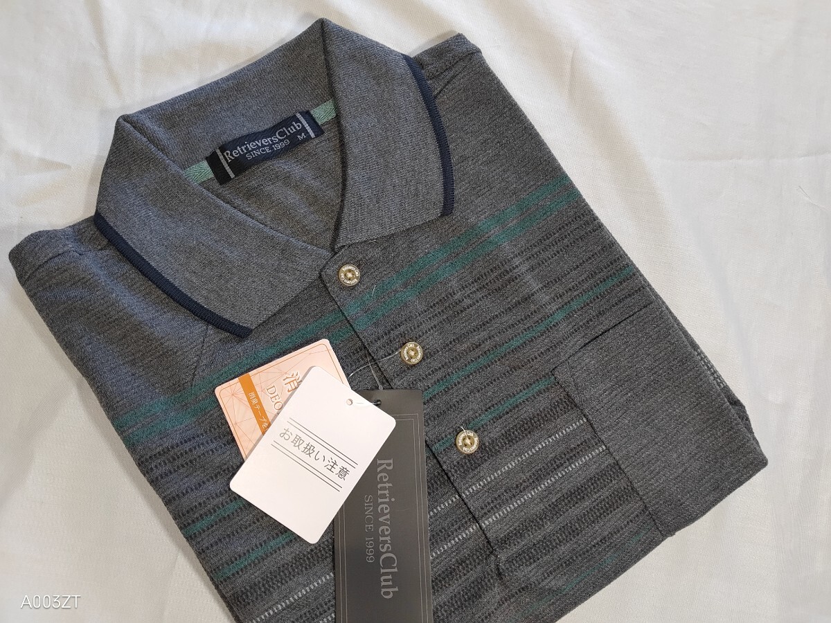 LL寸・新品/アート系ジャガード長袖ポロシャツ●杢チャコール拍卖