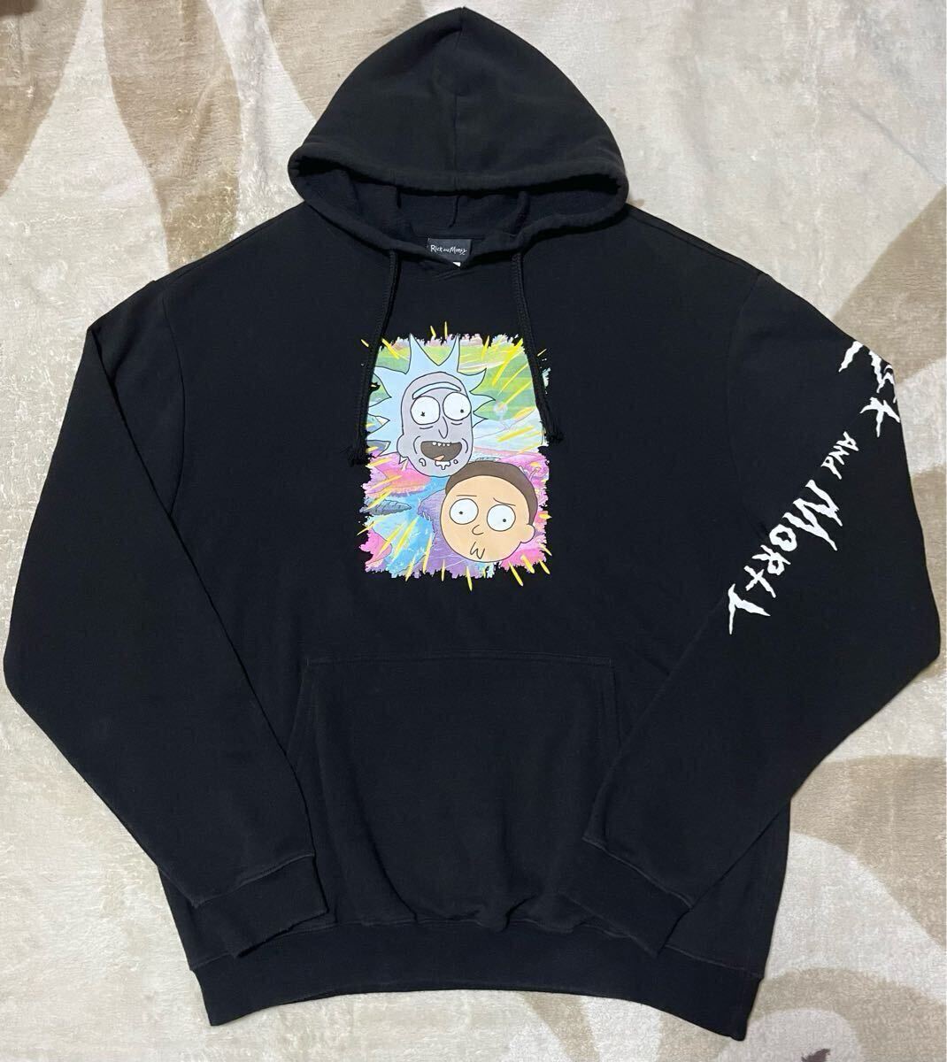 Rick&Morty スウェットパーカー US アメコミ系黒パーカー ブラック 古着 メンズ L拍卖