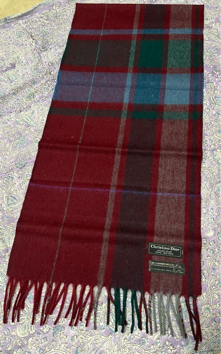 新品未使用 箱入り Christian Dior チェック柄ラムウール マフラー ディオール拍卖