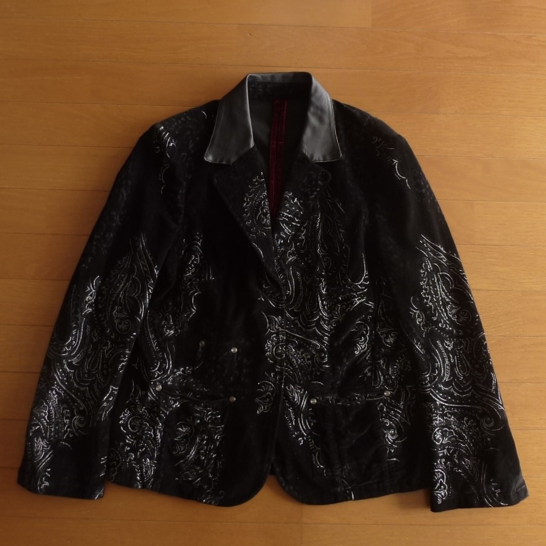 伊太利屋 GK イタリヤ テーラードジャケット 総柄 刺繍 襟レザー 黒 即決あり!拍卖