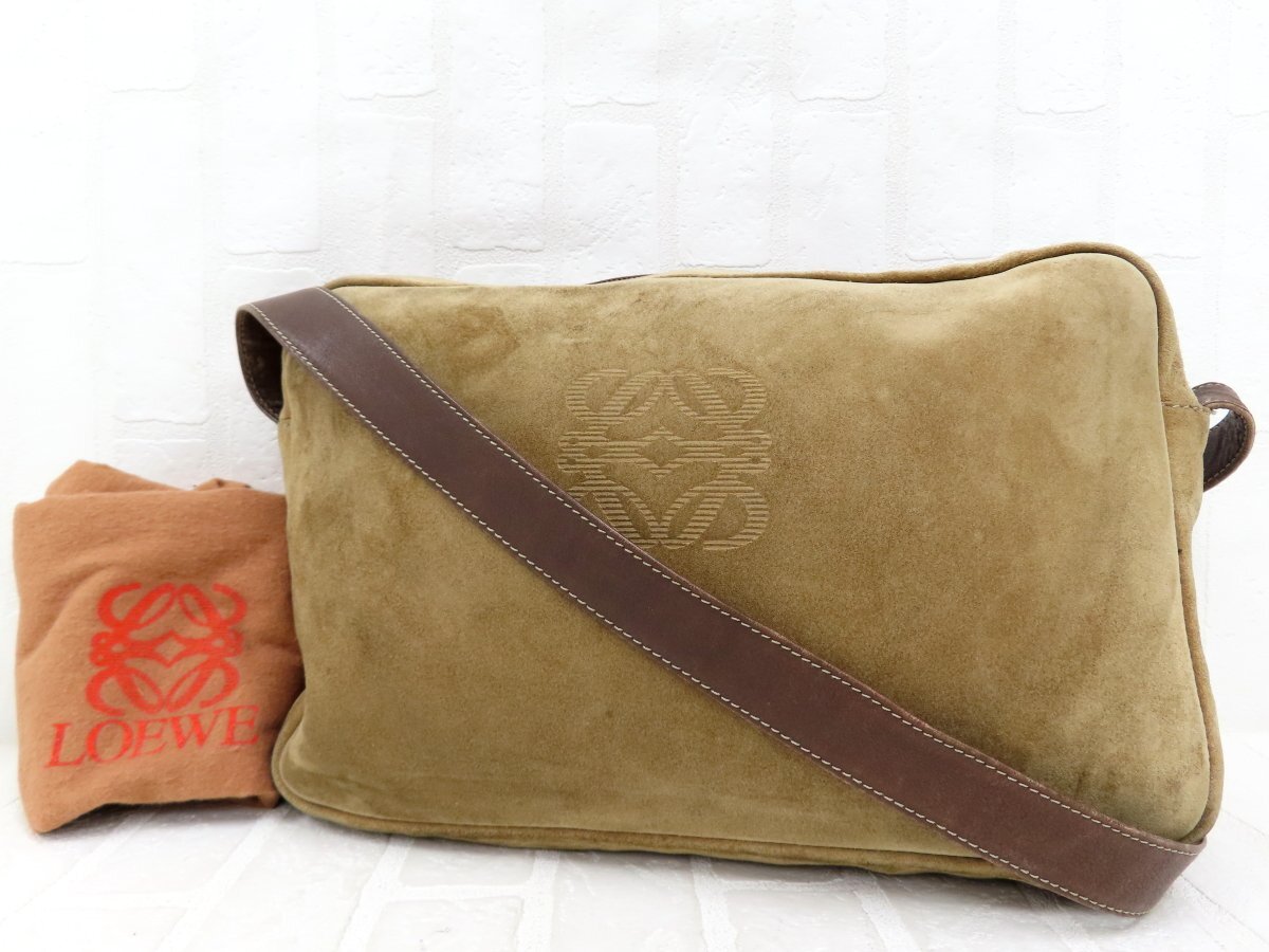 ◆美品◆LOEWE ロエベ◆スエード カーフ レザー 本革◆ショルダー バッグ◆ベージュ 茶 ゴールド金具◆アナグラム◆ロゴ型押し◆A13904拍卖