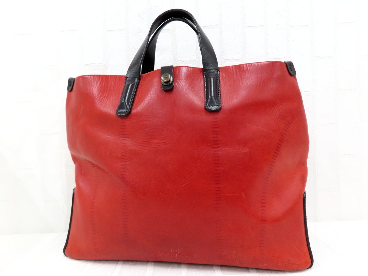 ◆美品◆LIN-KU リンク◆バイカラー◆カーフ レザー 本革◆トート ハンド バッグ◆レッド ブラック ゴールド金具◆A4サイズ収納◆A13879拍卖