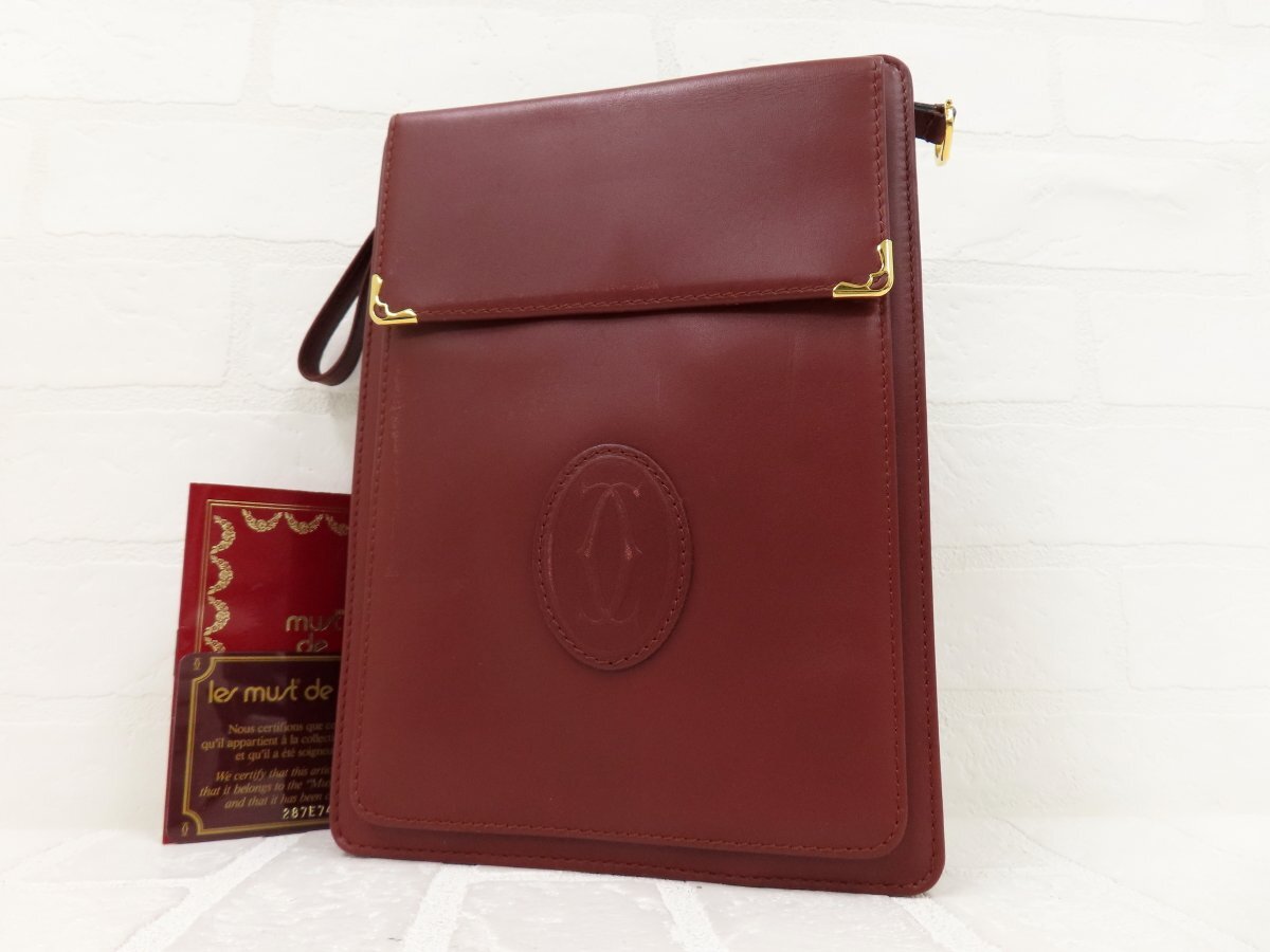 ◆超美品◆Cartier カルティエ◆マスト◆カーフ レザー 本革◆クラッチ セカンド バッグ◆ボルドー ゴールド金具◆ロゴ型押し◆A13918拍卖
