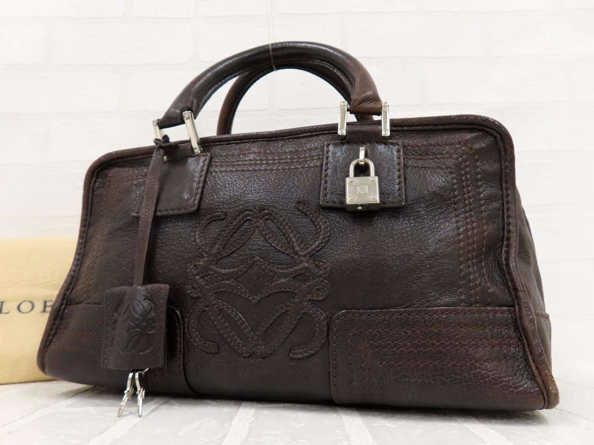 ◆美品◆LOEWE ロエベ◆アマソナ◆カーフ レザー 本革◆ハンド バッグ◆ダークブラウン シルバー金具◆アナグラム◆腕掛け◆A13951拍卖