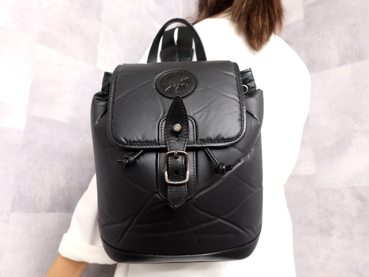 超美品●HUNTING WORLD ハンティング・ワールド●サファリ●ロゴ型押し●バチュークロス カーフ レザー 本革●リュックサック●黒●Js61847拍卖