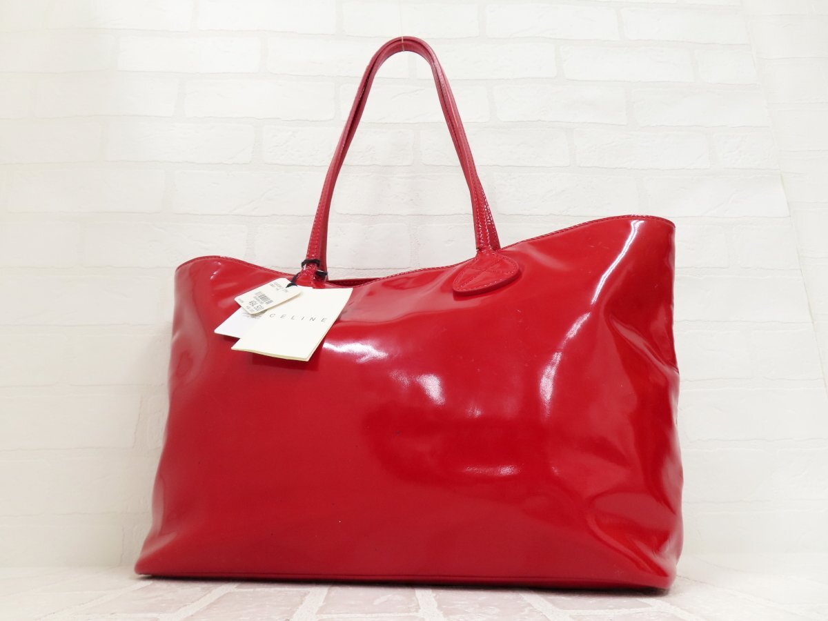 ◆CELINE セリーヌ◆エナメル パテント レザー 本革◆トート バッグ◆レッド◆肩掛け◆A4サイズ収納◆ルーマニア製◆A14023拍卖