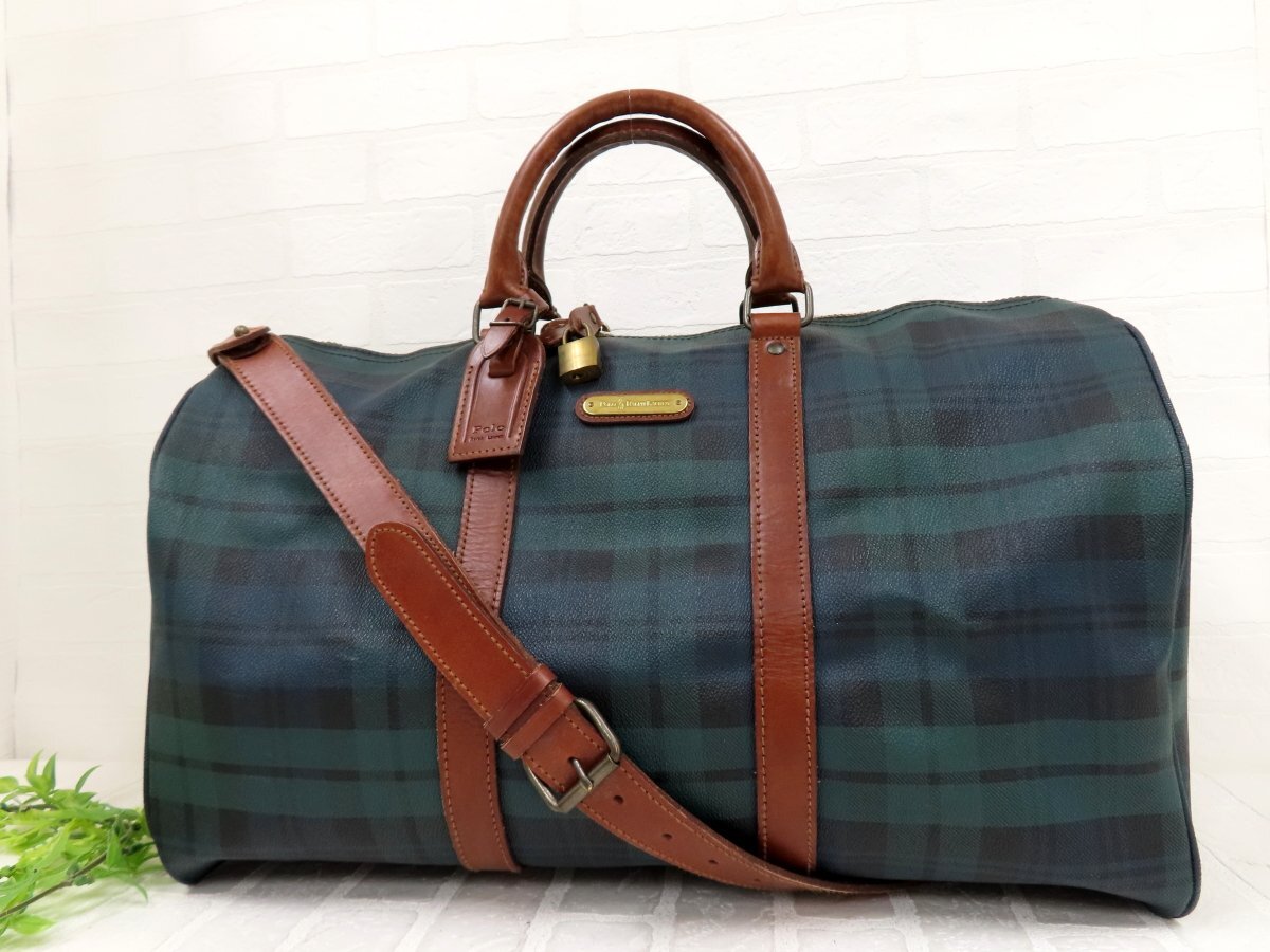 超美品◆POLO RALPH LAUREN ポロ ラルフローレン◆PVC カーフ レザー 本革◆2way ボストン バッグ◆緑 紺 茶 G金具◆ヴィンテージ◆N10462拍卖