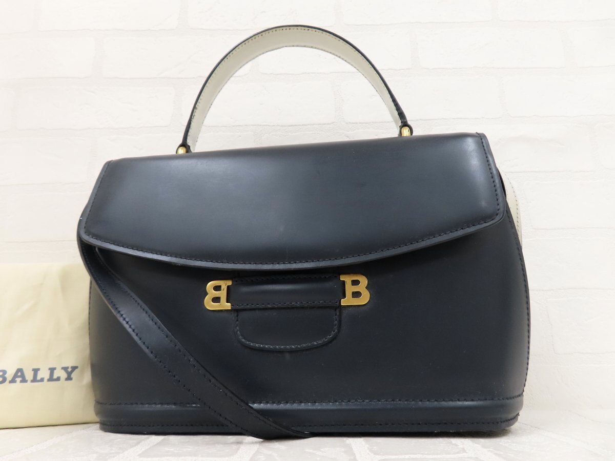 ◆美品◆BALLY バリー◆バイカラー◆カーフ レザー 本革◆2way ハンド ショルダー バッグ◆ネイビー ホワイト ゴールド金具◆A14060拍卖