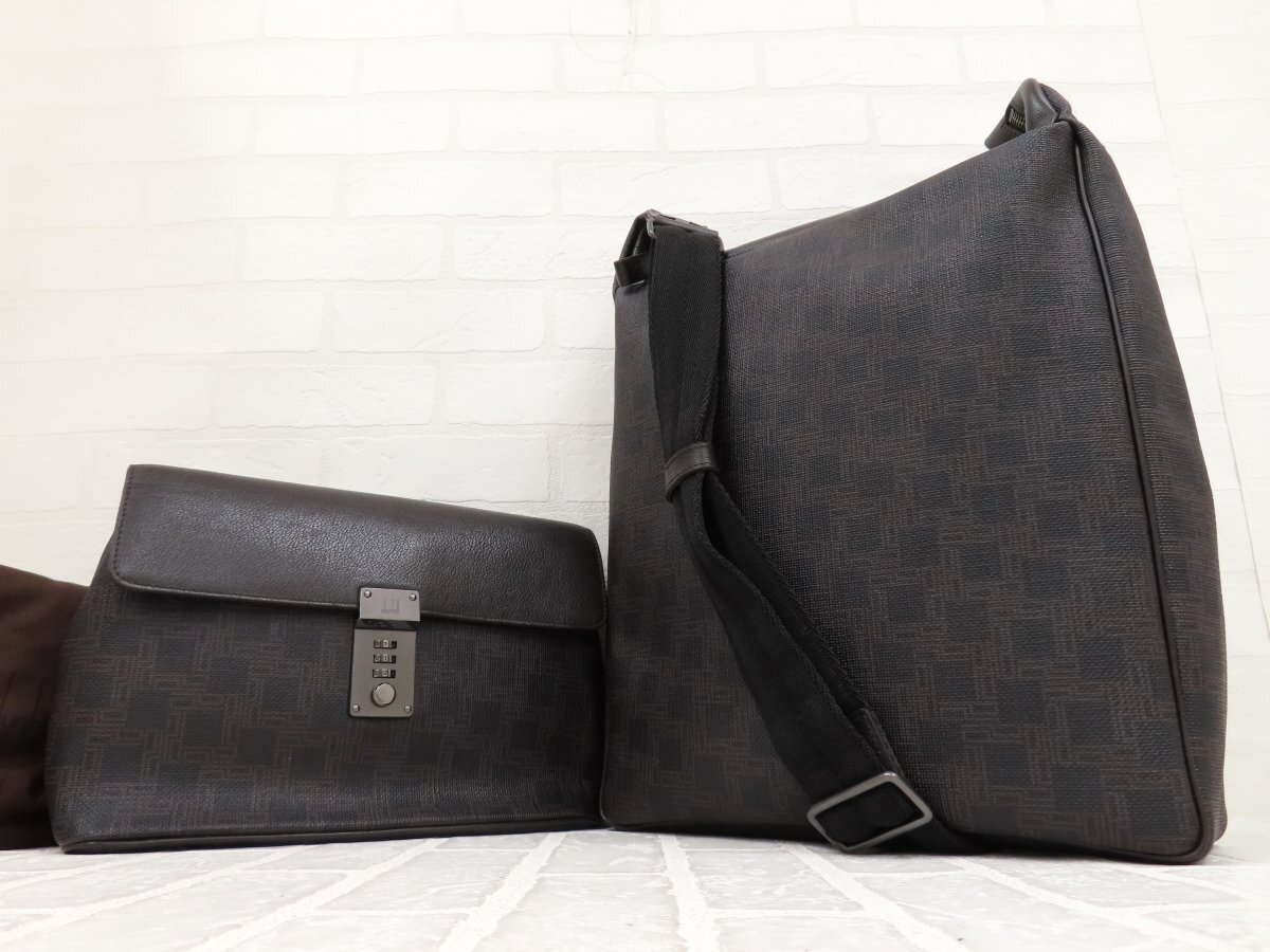 ◆超美品◆dunhill ダンヒル◆メンズ◆D-8◆PVC カーフ レザー 本革◆ショルダー クラッチ バッグ 2点セット◆こげ茶 黒 SV金具◆A13996拍卖