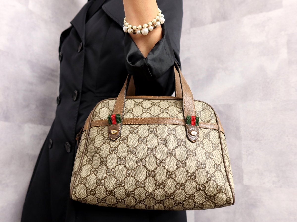 ●超美品●GUCCI オールド グッチ●シェリー●GGスプリーム●PVC カーフ レザー 本革●ハンド バッグ●ブラウン系●ヴィンテージ●Js62028拍卖