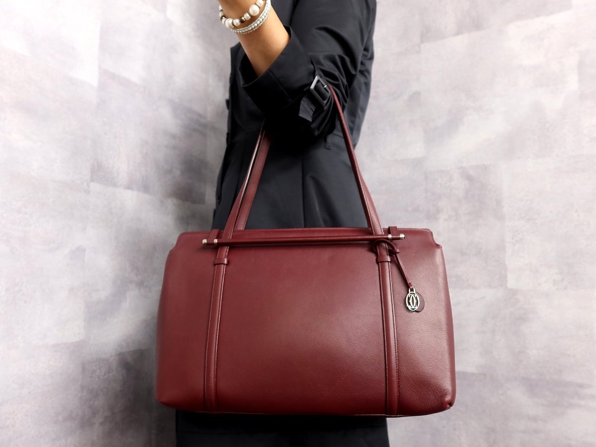 ●超美品●Cartier カルティエ●カボション●カーフ レザー 本革●トート バッグ●ボルドー●シルバー金具●肩掛け●A4 書類 収納●Js61865拍卖