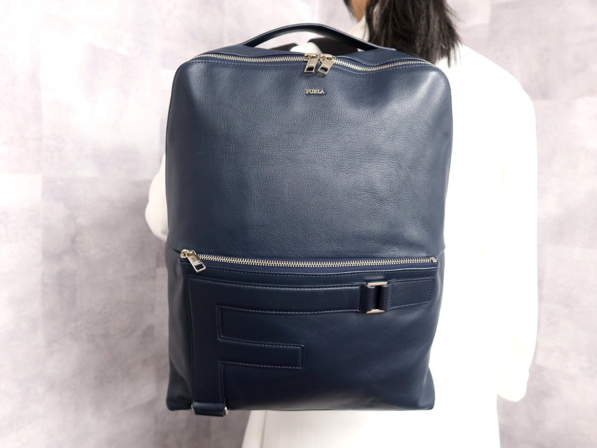 ●未使用 保管品●FURLA フルラ●メンズ●フェーボ●ロゴ金具●カーフ レザー 本革●リュックサック●ネイビー●SV金具●A4 収納●Js61945拍卖