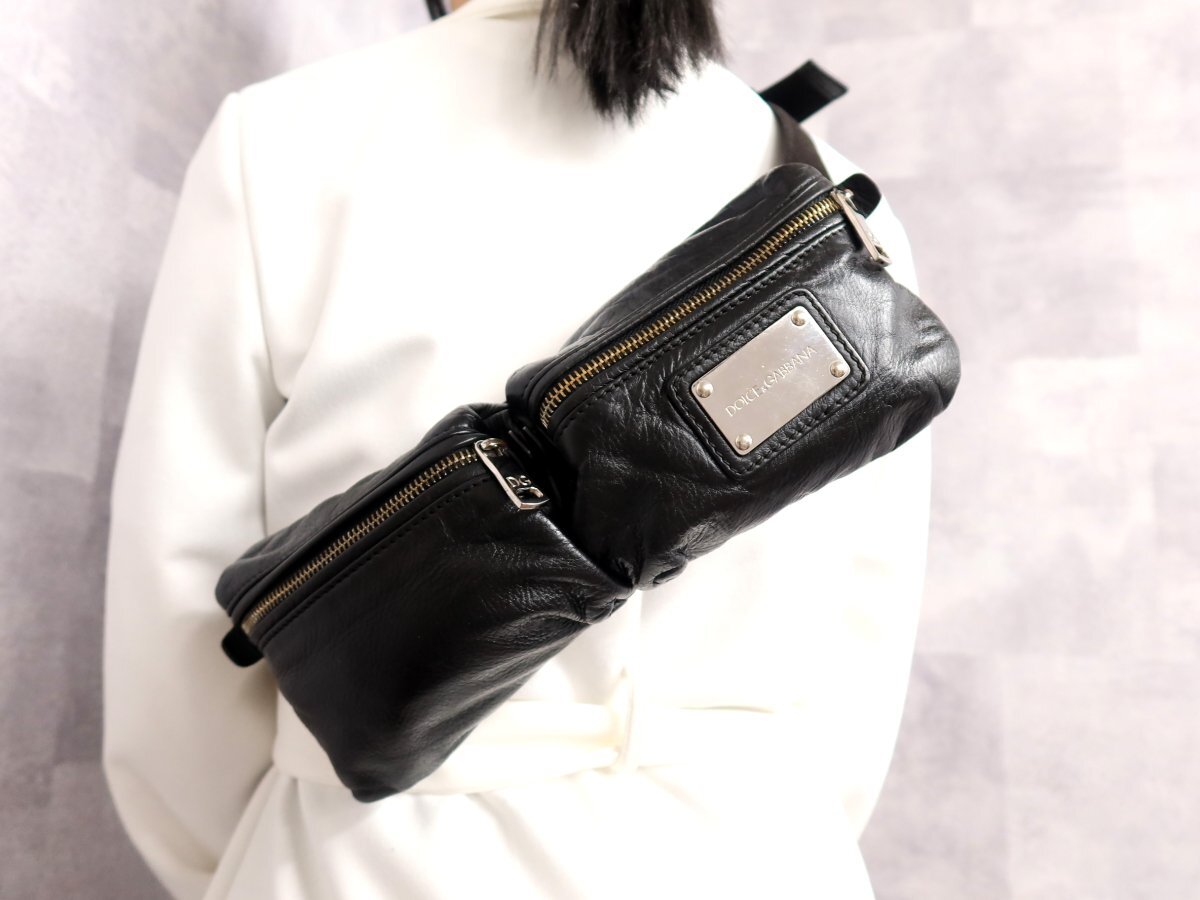 ●超美品●Dolce&Gabbana ドルチェ&ガッバーナ●メンズ●カーフ レザー 本革●ボディ バッグ●黒●シルバー金具●斜め掛け●収納●Js62019拍卖