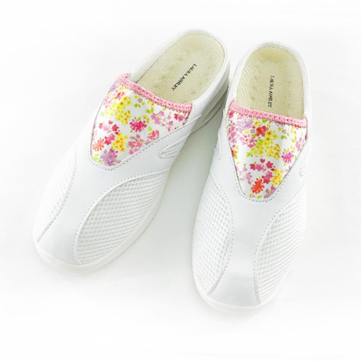 ローラアシュレイ エアースリッポン 軽量レディースシューズ 看護師 介護士 Mサイズ 23.0~23.5cm 花柄 ホワイト拍卖