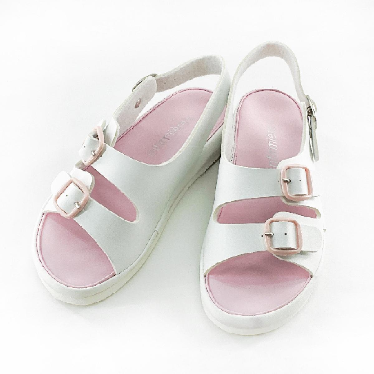 訳あり 幅広衝撃吸収ナースサンダル ダブルベルト 看護師 介護士 Sサイズ 22.0~22.5cm ホワイトxピンク拍卖