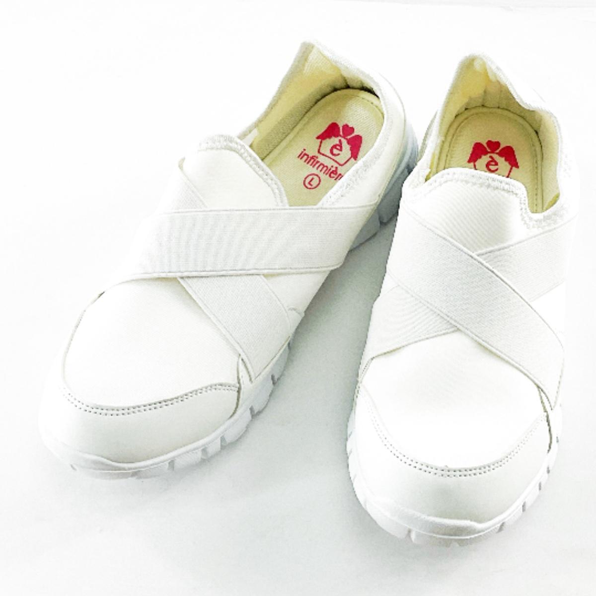 スリッポンシューズ クロスゴム レディース 看護師 介護士 Lサイズ 23.5~24.0cm ホワイト拍卖