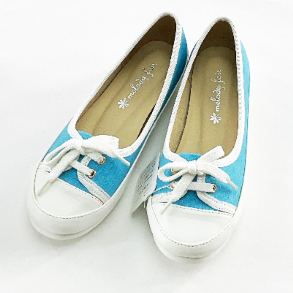 歩きやすい バレエスニーカー レディース 軽量シューズ 23.5cm ブルーxホワイト拍卖