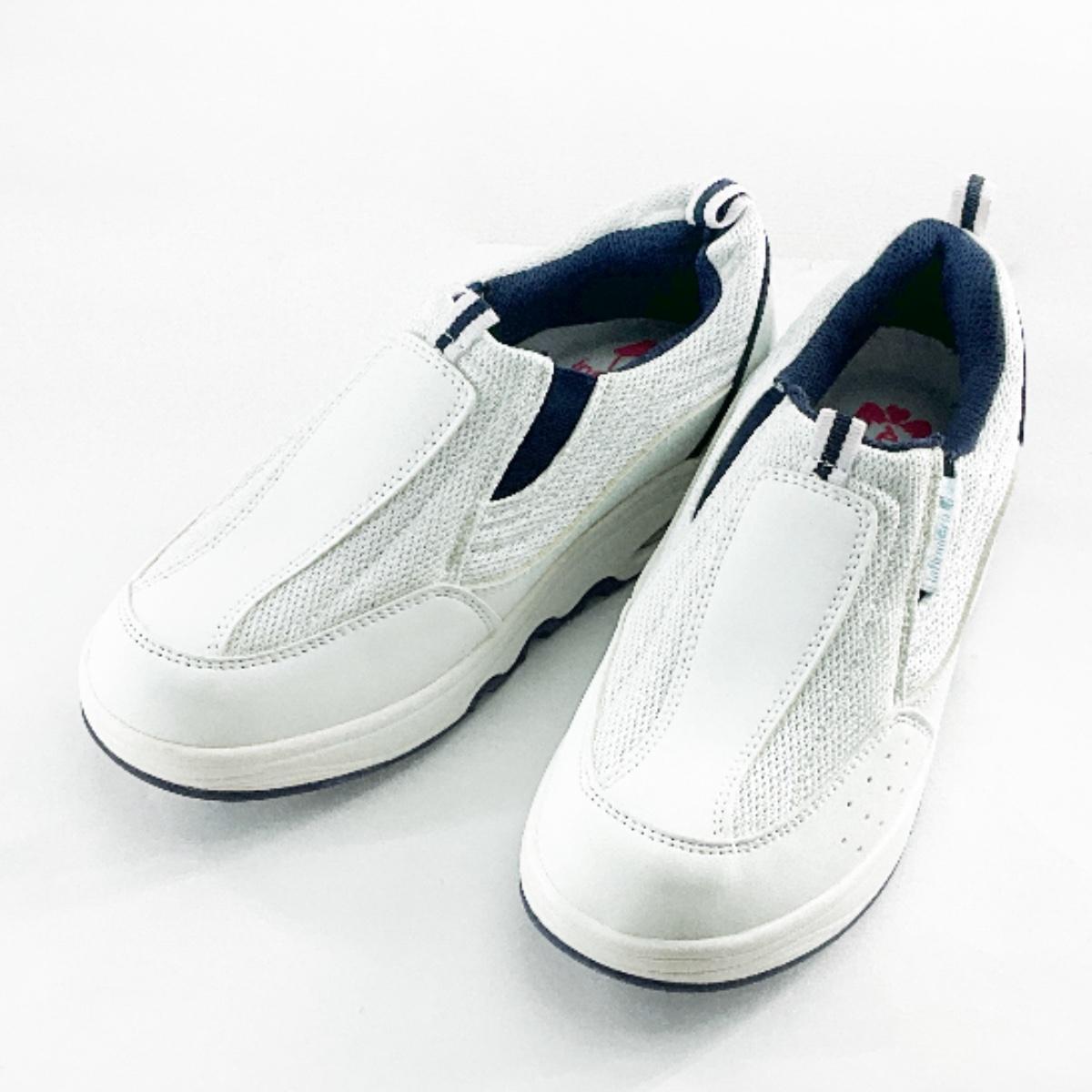 訳あり スリッポン 舟底スニーカー エアーソール ナースシューズ M 23.0~23.5cm ホワイトxネイビー拍卖