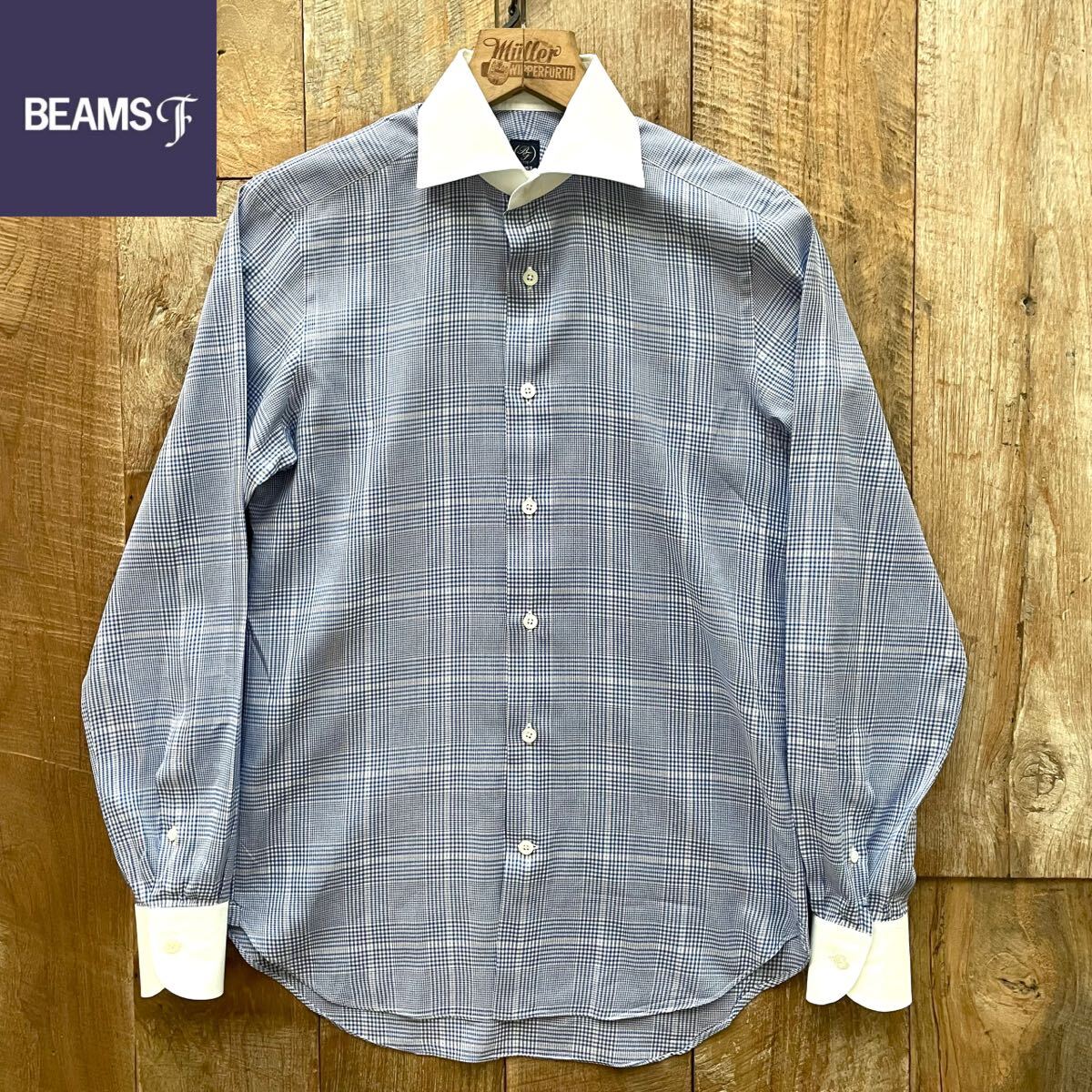 【美品】BEAMSF ビームスエフ 千鳥格子柄 ドレスシャツ クレリックシャツ 37 ブルー×ホワイト拍卖