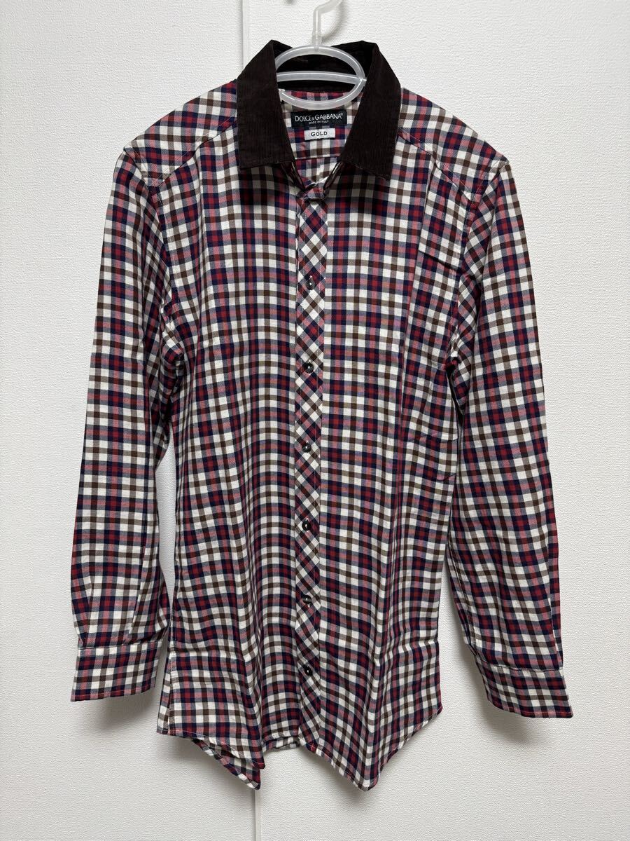 Dolce&Gabbana ネルシャツ 37 GOLD コーデュロイ レッド 超美品 チェック柄 長袖シャツ拍卖