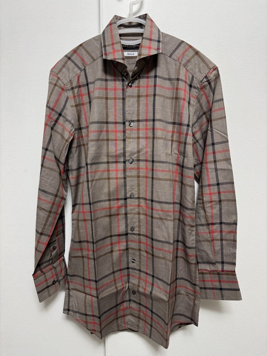 Dolce&Gabbana チェックシャツ 37 GOLD 超美品 長袖シャツ チェック柄 ブラウン拍卖
