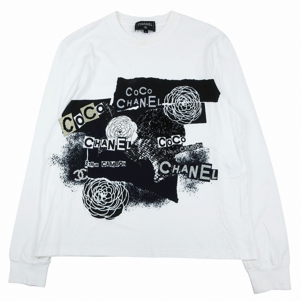 CHANELシャネル 20P ロングTシャツ レディース S ホワイト コットン ココマーク カメリア 長袖 P63300K48961 【中古】拍卖