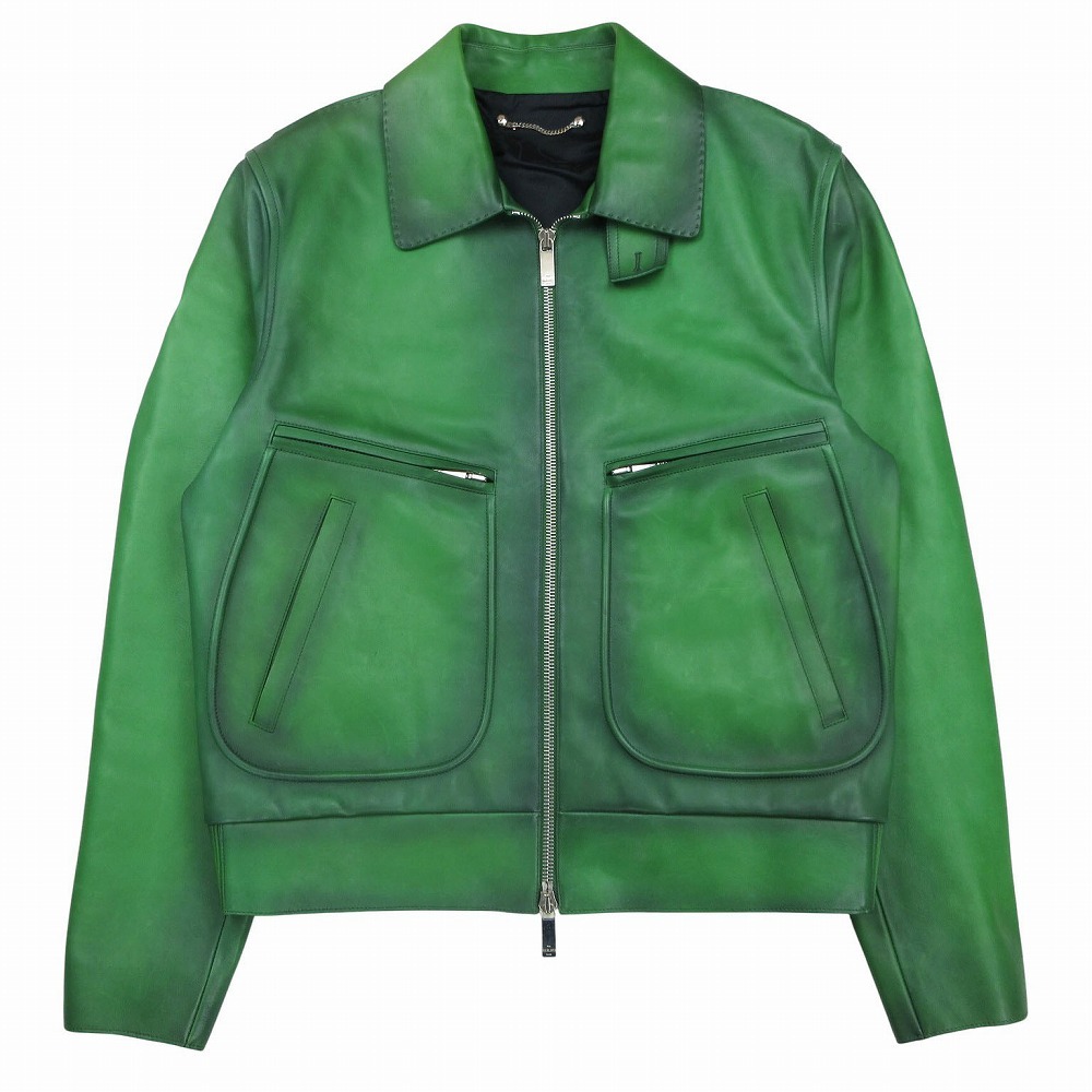 Berluti Patina Leather Riders Jacket ベルルッティ パティーナ レザー ライダースジャケット ジップアップ グリーン L 【中古】 /TNT拍卖