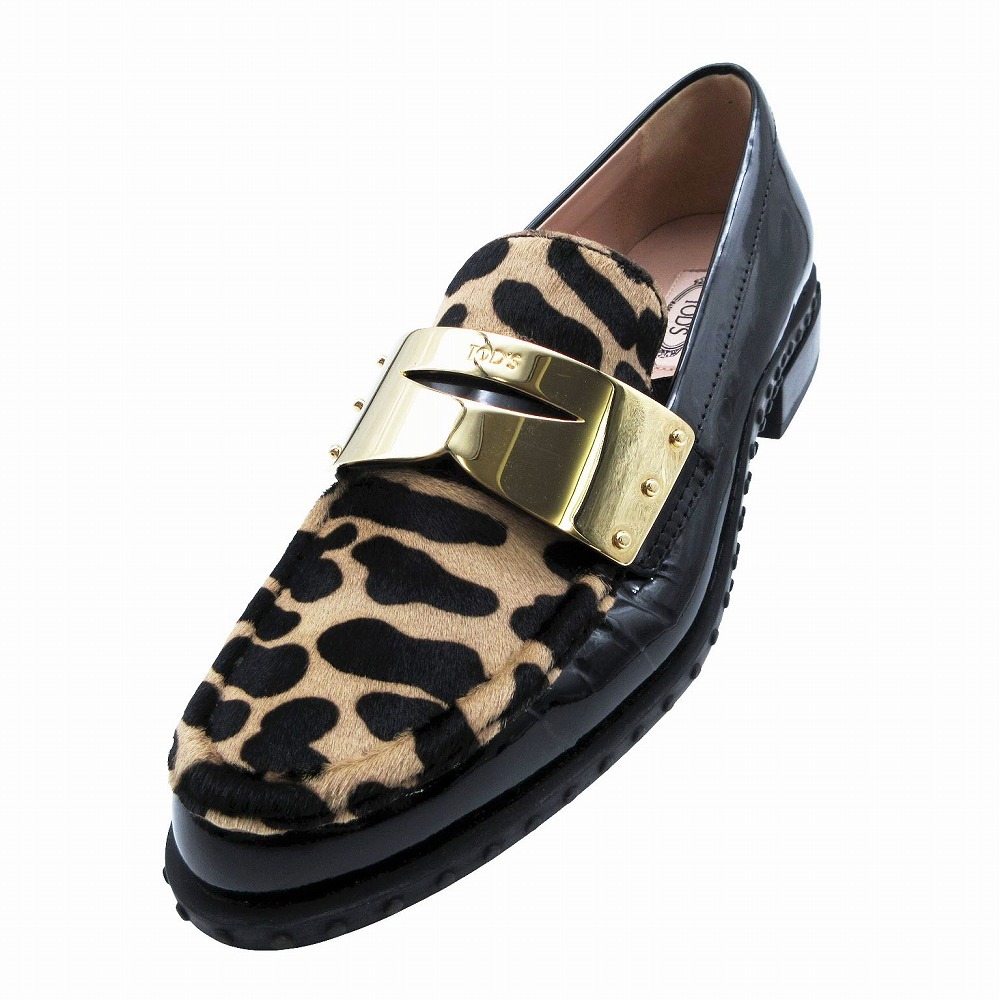 TODS トッズ ゴールド金具 ハラコ エナメル ローファー シューズ ブラック サイズ23.5cm レディース 【中古】拍卖