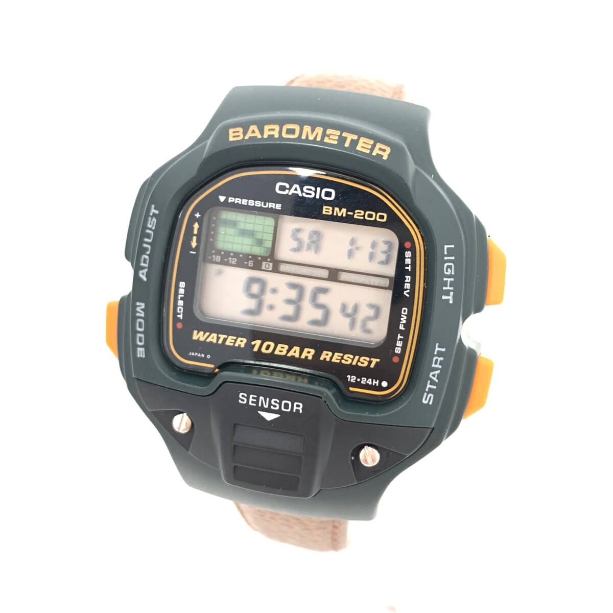 Z1253△ 1円~! CASIO カシオ BAROMETER バロメーター BM-200W SS×革 クォーツ デジタル文字盤 メンズ 腕時計 稼働 動作確認済拍卖