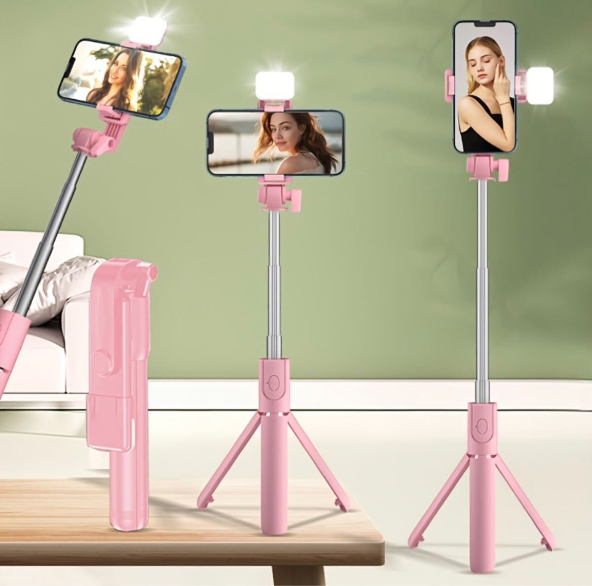 LEDライト付き 自撮り棒 超軽量 コンパクト 三脚つき スタンド 動画撮影 リモコン付き 自撮り棒 セルフィーライト ピンク拍卖