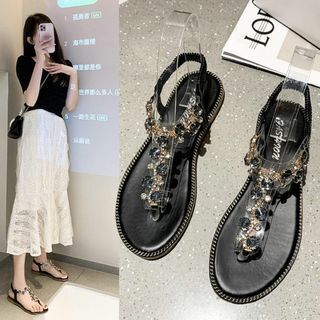 送料無料 ReiLuana ビーチ サンダル トング レディース フラット ロー ヒール 滑り止め 疲れない 美脚 ブラック 24.5cm 新品 未使用拍卖