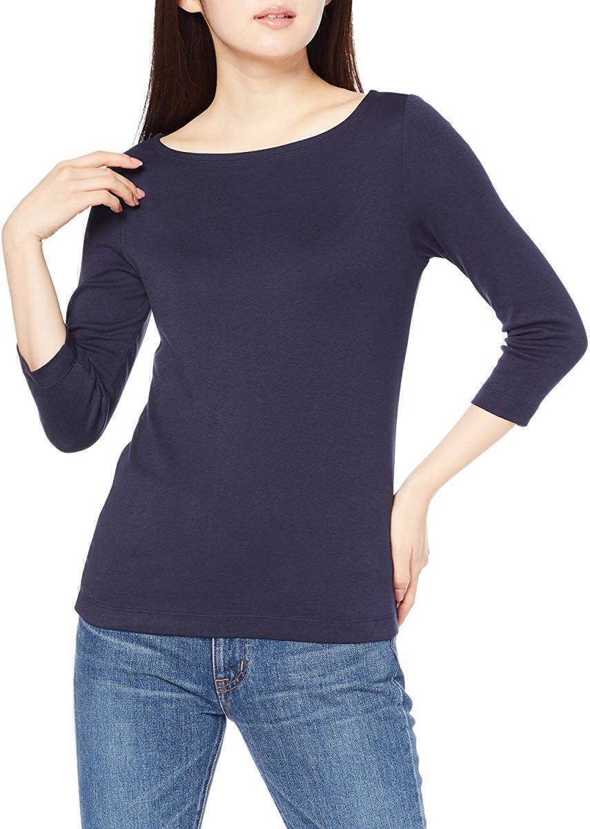 送料無料 ボートネック XS スリムフィット 七分袖 Tシャツ レディース ネイビー 新品拍卖